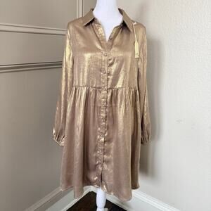 NWT Jodifl Gold Metallic Button Front Babydoll Shirt Dress Size S Holiday Party